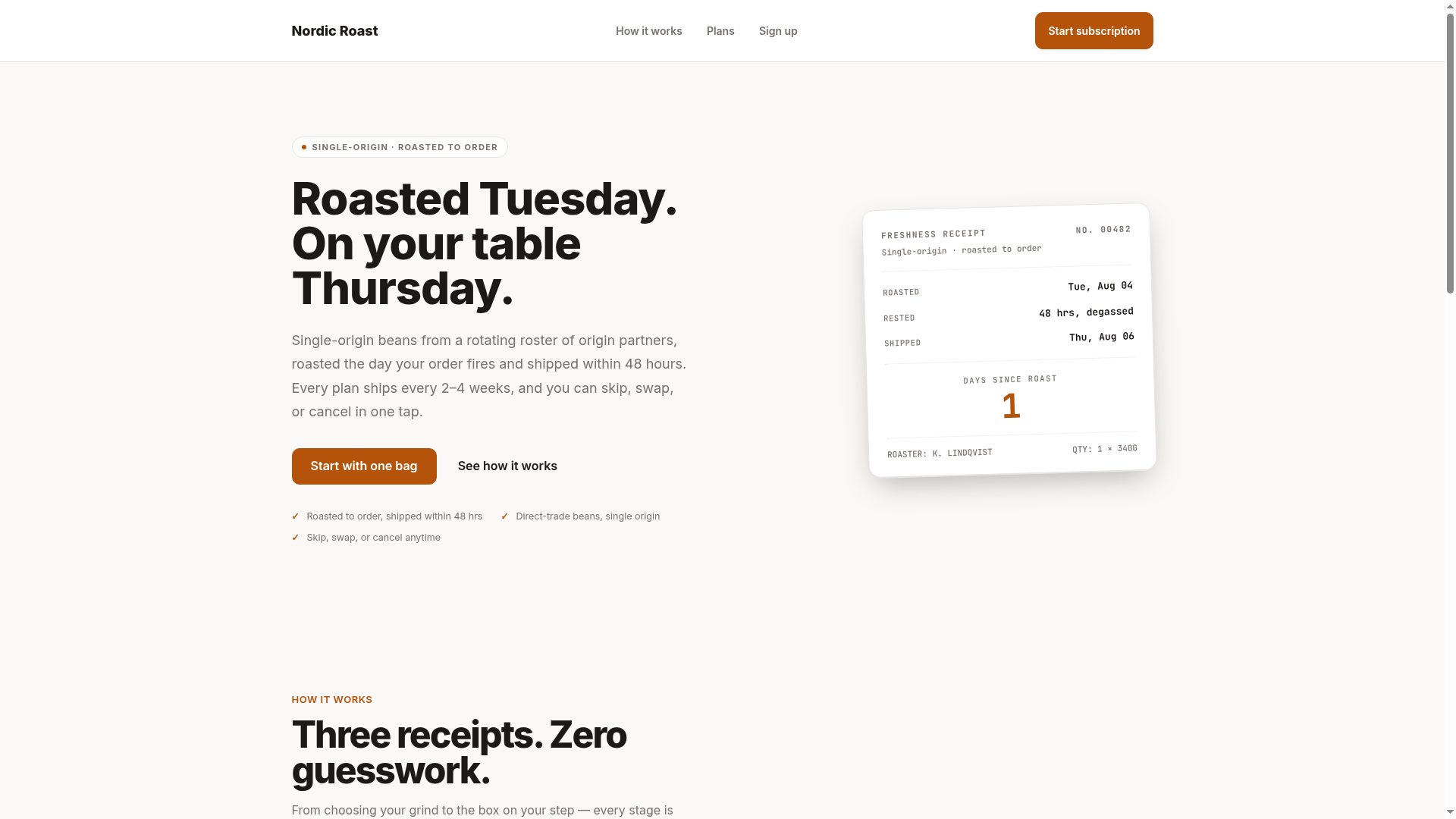 Nordic Roast product interface showing the coffee subscription landing page.